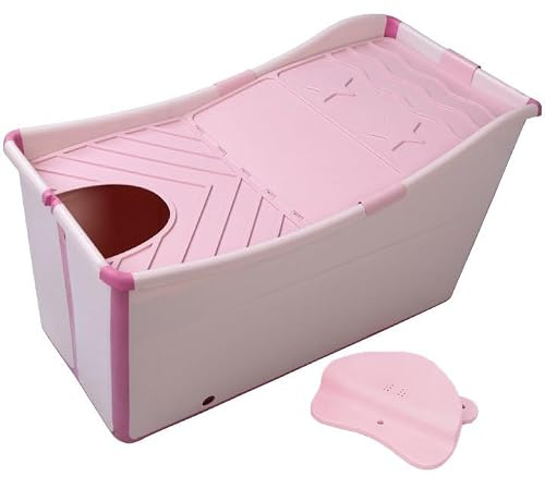 Hopfällbart badkar med badpall, isolerande lock, 38 tums hopfällbart fristående badkar för varmt bad, isbad, stor, enkel förvaring Pink-D