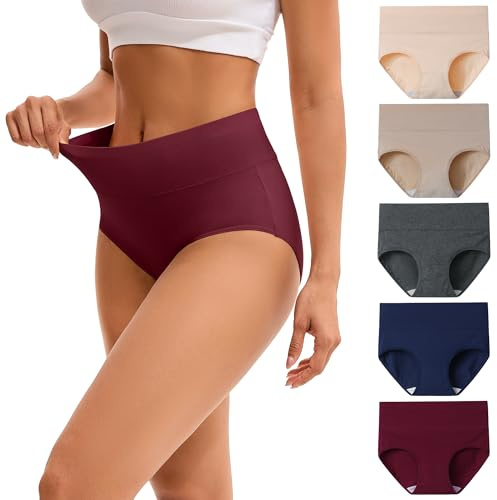 INNERSY Ladies Underwear High Waisted Knickers Womens Full Briefs Pack of 5 | 100% Cotton Gusset, Full Coverage Pants, Fabric-wrapped Waistband, Stretchy Women's Panties, Tag-free, Postpartum & Everyday