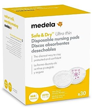 Medela Discos absorbentes desechables Safe & Dry Ultra thin, Discos de lactancia finos y muy absorbentes, paquete de 30 discos de lactancia embalados individualmente