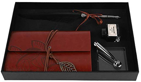 Kafuty Retro Leather Notebook with Fountain Pen with Pen Ink, Dip Feather Pen Set Calligraphy Pen Notebook,Leather Notebook Feather Quill Pen for Gift (red) (black)