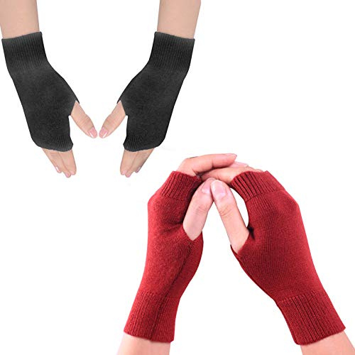 UOWAN 2 Pairs Cashmere Fingerless Gloves, Unisex Thumb Hole Wrist Warmers Black and Red Fingerless Gloves Winter Warm Half Fingerless Mittens For Men Women Ladies Christmas Gifts