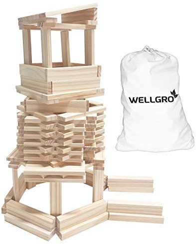 WELLGRO Natur Holzbausteine - Holzsteine zum Bauen - naturfarbene Bauklötze inkl. Aufbewahrungsbeutel- Holzbaukasten - Bausteine Holz - Menge wählbar, Stückzahl:350 Stück