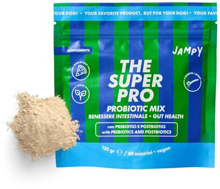 JAMPY Integratore Cane Prebiotici, Fermenti Lattici, Probiotici in Polvere. Sostegno per l'Apparato Digerente, Ripristina la Flora Batterica - Alta Appetibilità - 60 misurini.