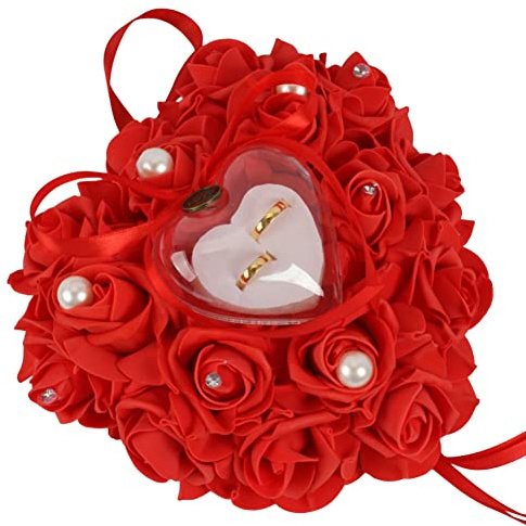 Boîte à Bagues de Mariage en Mousse Rose Boîte à Bagues Coussin Porte-alliances en Forme de Cœur Fleur Bague Support de Stockage Proposition Bague de Mariage Amant Cadeau Boîte à Bagues Rouge