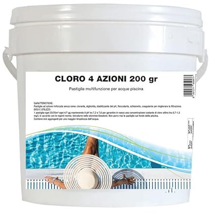 Virsus 5Kg Cloro 4 azioni a Pastiglie per acque piscina 5005, 25 Pastiglie da 200 gr, a lenta dissoluzione per la disinfezione dell’acqua, Clorante, Alghicida, Stabilizzante del pH, Flocculante
