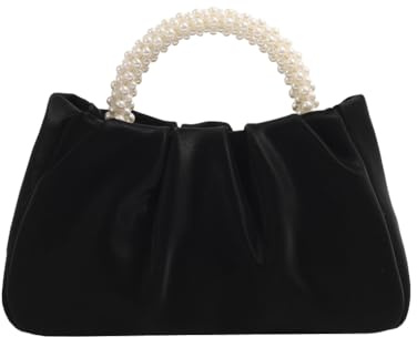 Beatfull Evening Purse Women Small Pearl Handbags Soft Leather Ruched Bag Wedding Bridal Clutch Party Prom Crossbody Purses Black