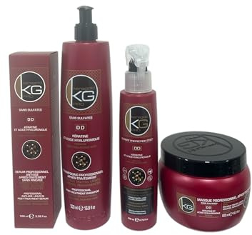 Keragold KG Pro – Pack Soin Professionnel Sans Sulfates – Kératine & Acide Hyaluronique – Shampooing + Masque + Sérum + Spray Thermo-Protecteur – Anti-Frizz, Réparation & Brillance