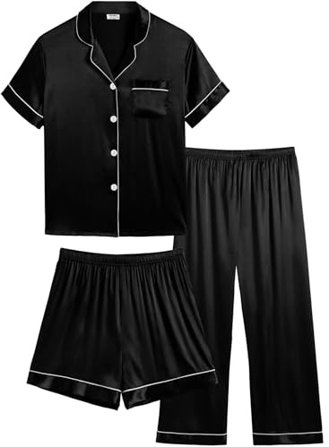 SWOMOG Kid's Silk Pyjamas 3PCS Girls Boys Short Sleeve Satin PJs Set Button-Down Nightwear Soft Lounge Sleepwear Teens Age 4-16