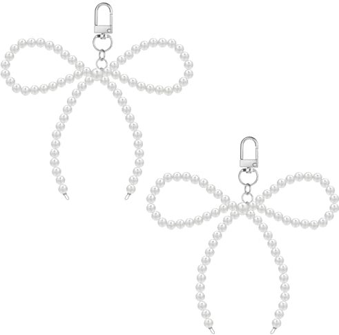 2 Stück Perle Schleife Schlüsselanhänger Perle Schleife Handyanhänger Kawaii Bogen Taschenanhänger Perle Bögen Phone Charm Schlüsselringe Weiß Pearl Bead Bows Keychain Zubehör