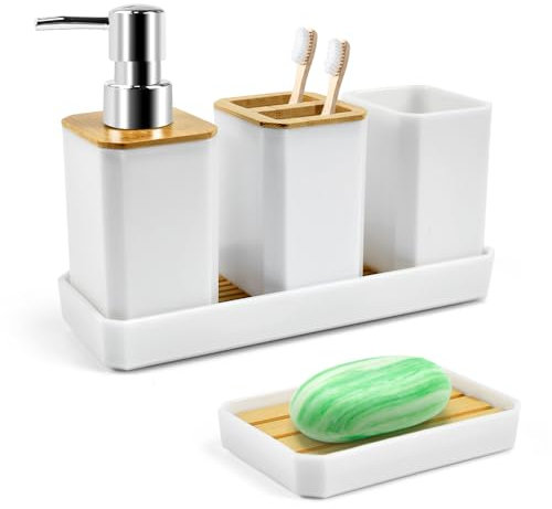 ADERTOS Set Accessori Bagno Moderni di 5 Pezzi, Dispenser Sapone Liquido, Porta Sapone Doccia, Porta Spazzolino da Denti, Tazza per Spazzolino da Denti, Sottobicchieri, in Bambù e Plastica (Bianco)