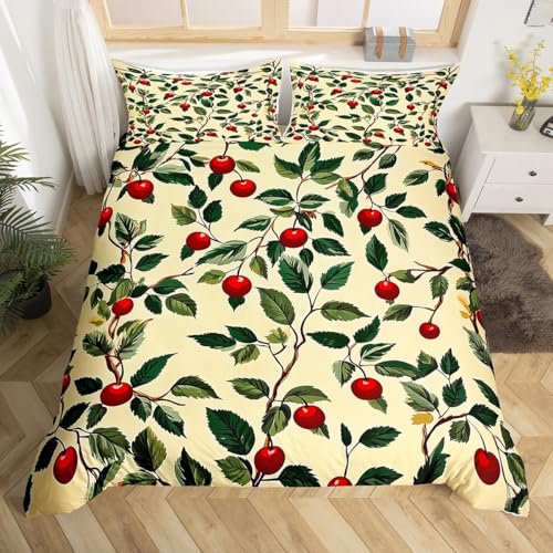 Cherry Duvet Cover Set Single Size,Botanical Tree Branches Rustic Bedding Set,Boys Girls Room Decor,Hawaii Summer Tropical Fruit Green Beige Quilt Cover,1 Pillowcase(No Comforter)