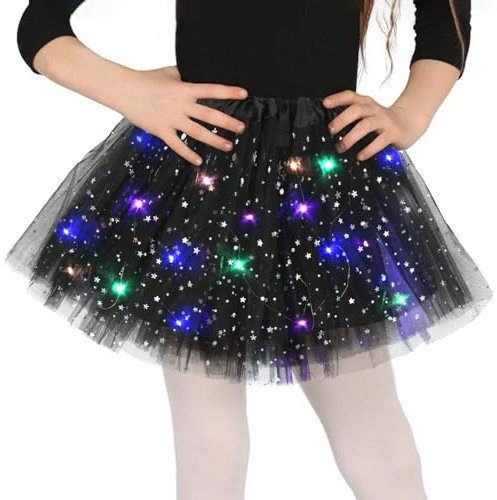 Tüllrock Mädchen Schwarz, Sterne Pailletten Tanzkleid, 30cm Dehnbaren Minirock Mit LED Lichter, kleine Mädchen Tütü Rock Ballettrock für Fasching Halloween Karneval, 3-8 Jahre Kinder Ballett Dress
