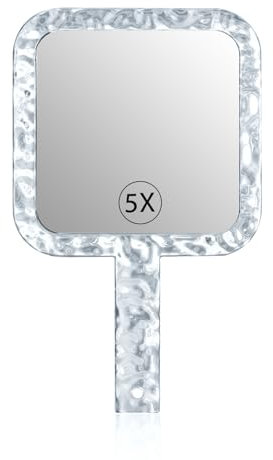 YEAKE Miroir à main double face grossissant 1X/5X avec poignée pour maquillage, miroir de rasage avec trou de suspension, acrylique, 15,5 cm de large x 25,4 cm de long, forme carrée, transparent 1