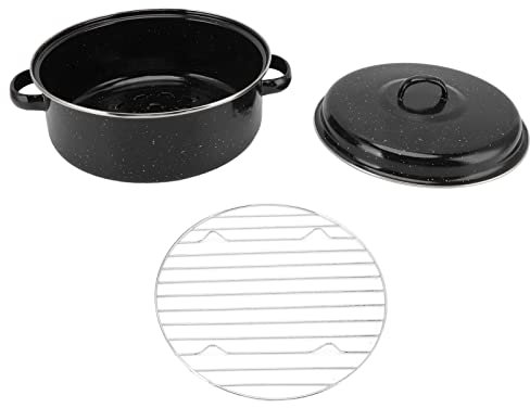 Roasting Pan, Turkey Pan with Lid Non Stick Enamel Roast Pot, Cooking Oven Pans, Black Covered Oven Pans, Roaster Pot Enamel Cookware for Roasted Sweet Potatoes Chestnuts (Iron