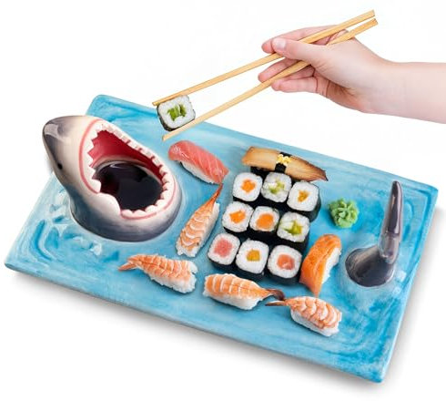 Shark Charcuterie Board, Shark Fish Sushi Plates, Handmade Ceramic Taco Holder, Funny Sharks Party Decorations Platter Tray with Dipping Sauce Bowl, Holiday Birthday Gifts for Sharks Party Lovers
