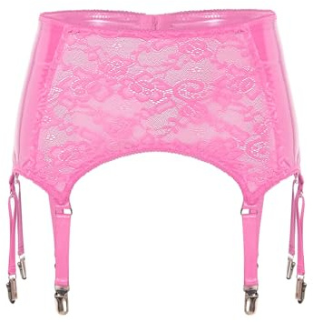 TiaoBug Dam wetlook strapsbälte lack läder spets strumpeband med strumphållare hållare fästklämmor party klubbkläder, ROSA, 3XL