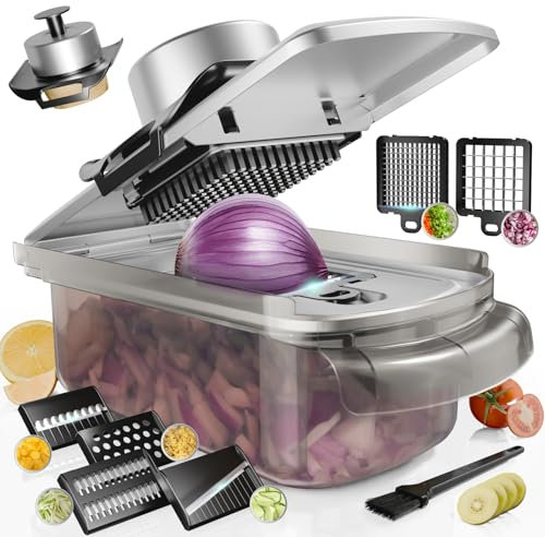 Gemüseschneider Mandoline Gemüsehobel, 9 in 1 Edelstahl Gemüseschneider, Lebensmittelschneider für die Küche, Gemüse schneider mit Behälter, Salat, Karotten und Knoblauch schneider, Zwiebeln und Obst