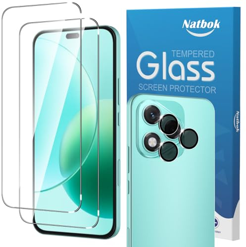 Natbok 2+2 stycken härdat glas för Honor 400 Lite med 2 bakre kameraskydd, [bubbelfri] [repskydd] Skärmskydd för Honor 400 Lite, HD genomskinligt glas, lätt att installera