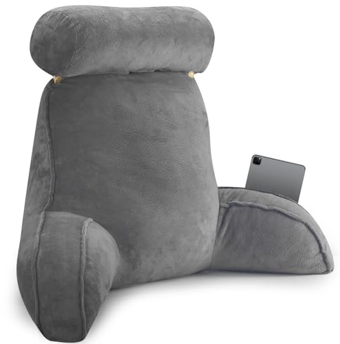 OZMI Reading Pillow for Bed Adult, Large 60cm Cuddle Cushion Back Pillow with Headrest for Sitting in Bed, Reading Cushion Backrest Pillow with Arms & Pockets for Watching TV Gaming Relaxing, Grey