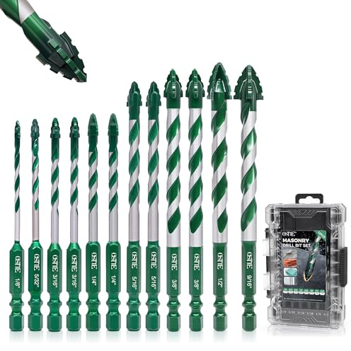 Masonry Drill Bit Set 12Pcs (1/8-9/16), Four Blade Serrated Eccentric Tungsten Carbide Drill Bits for Concrete, Cement, Brick, Tile, Marble, Glass and Wood, 1/4 Hex Shank, with Storage Case, Green