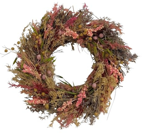 Getrockneter Blumenkranz 24 cm Durchmesser Natürliche Blumen und Gräser Plastikfrei (rosa)