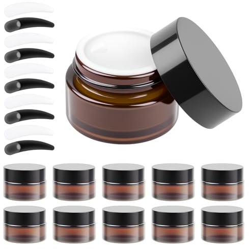 11 Pcs Amber Glass Jars 20ml, Empty Cosmetic Jars with Lids, Travel Pots Brown Glass Pots with Lids for Face Creams Lotion Cosmetics Make Up Sample Travel Storage Jar, with 10 Spatulas