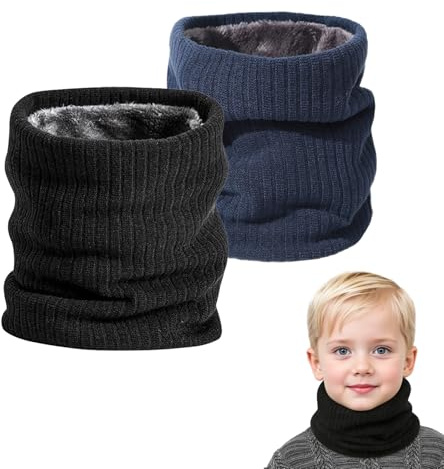 SEFIRST 2 Piezas Braga Cuello Niño, Invierno Lana Windstopper Snood Bufanda Calentador Tubular Cuello Térmica Resistente Bufanda Tubular de Punto Para Ciclismo Deportes de Running Esquí (Negro, azul)