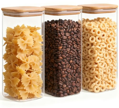 ComSaf 1.8L Glass Pasta Storage Containers with Lids, Square Glass Jars with Bamboo Lids, Clear Food Storage Jar Set of 3, Pantry Organizers and Storage for Flour Rice Pasta Tea Coffee Bean