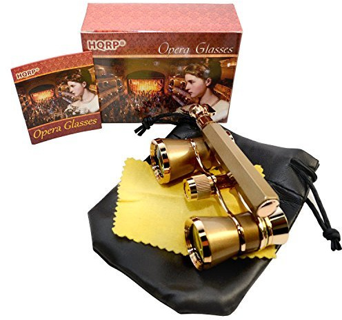 HQRP 3 x 25 Opera Glasses Crystal Clear Optic (CCO) with Built-in Foldable Handle, Yellow-Pearl with Gold