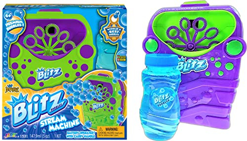 JA-RU Blitz Bubble Machine for Kids w/Bubble Soap Solution (1 Toy) Battery Powered Automatic Bubble Blower. Rotating Blowing Wands. Fun Outdoor Games. Pool Birthday Party. 1531-1s