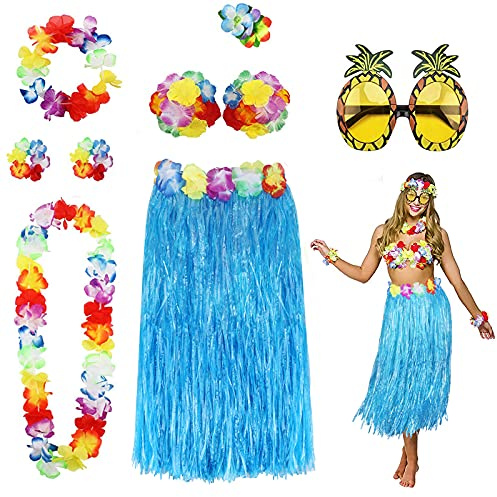 PHOGARY 8PCS Jupe de Hula Kit d'accessoires de Costume pour Hawaii Luau Party - Danse Hula avec Fleur Bikini, Hawaïen lei, Pince à Cheveux en Hibiscus, Lunettes de Soleil (Bleu)