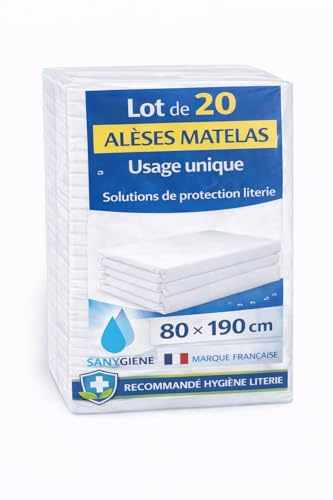 SANYGIENE | Alèse Matelas Jetable 80 X 190 cm | Lot de 20 Protections Type Plateau Lit 1 Place | Fixation par Elastique | Hygiène Protection Literie | Tourisme et Médical