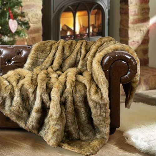 BATTILO HOME Faux Fur Throw Blanket Ochre 125x150cm Luxury Fuzzy Warm Cozy Fluffy Fur Blanket for Bed, Sofa, Couch Home Decor