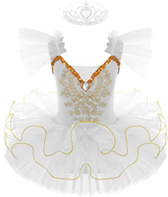 inhzoy Traje de Corona+Clips Floral Maillot Gimnasia Ritmica Niña con Falda Tutu Vestido Danza Ballet Maillot Lentejuelas Baile Disfraz Bailarina para Niña 3-14 Años Blanco 3-4 años