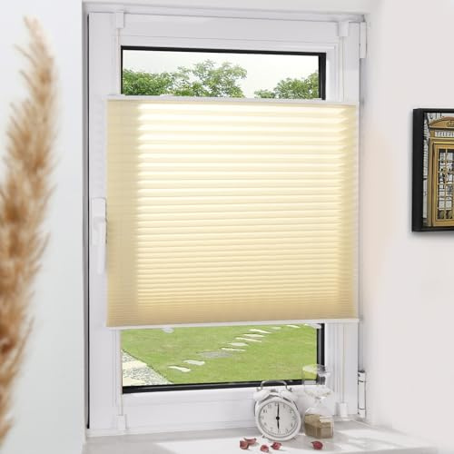 Grandekor Plissee Klemmfix ohne Bohren Creme 95x120cm(BxH) Plissees lichtdurchlässig Blickdicht Jalousien ohne Bohren Fensterrollo Klemmrollos Sonnenschutz Sichtschutz Faltrollo Rollos für Fenster