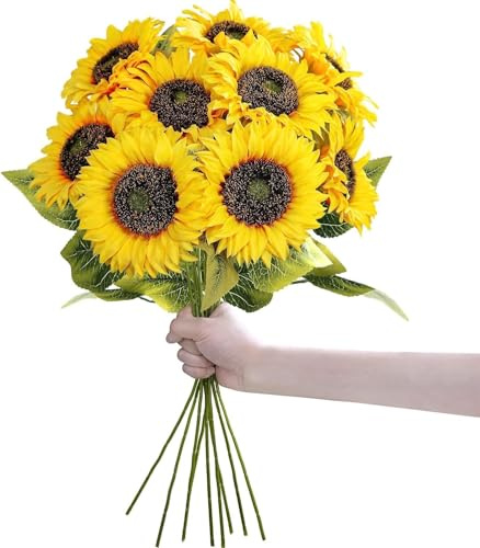 UXORSN 9 Flores Artificiales 50cm Girasoles Artificiales de Tallo Largo Plantas Falsa Amarillo Flores Decorativas Flores de Seda Girasol Ramos Arreglos Florales Jarrones Oficina Casa Decoracion