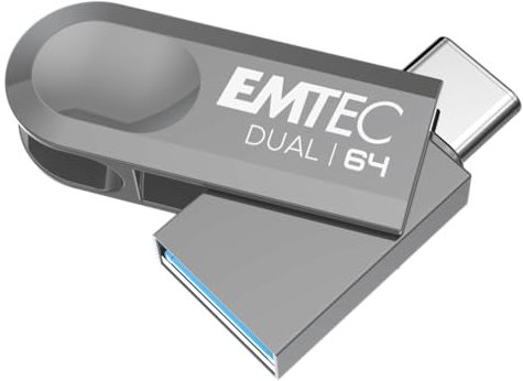 EMTEC - Memoria USB 3.2 USB-A Type-C Dual D280 ECMMD64GD283 - Flash Drive, compatibilidad Universal USB 3.2 - Lectura de 80 MB/s, Escritura 20 MB/s, Eco Design, 64 GB/GB