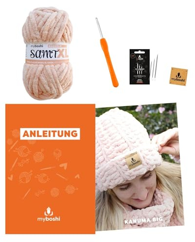 myboshi Häkelset Mütze Kanuma Big für Anfänger, inkl. Samt XL Wolle, Häkelnadel, Wollnadeln, Anleitung, Label, 100% Polyester, Rosa (Magnolie) mit Häkelnadel