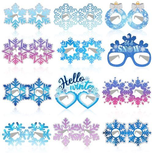 Lcnjscgo 24 lentes de papel de copo de nieve de invierno, regalos de fiesta de cumpleaños, suministros de decoración de cabina de fotos para niños y niñas