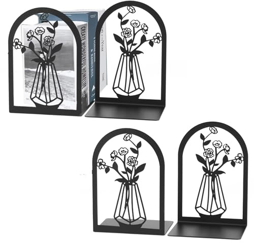 HAOTIAN-X 4 Stück Metall Buchenden, Heavy Duty dekorative Buchstützen für Regale, Anti-Rutsch-Blume Buch Stopper und L-förmigen Desktop-Buchhalter für Studenten Home Office Bibliothek