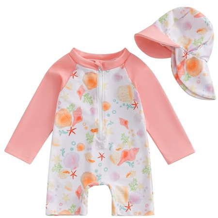 LYSINK Little Girls Half Zipper One Piece Swimsuit Summer Long Sleeve Shell Print Rash Guard Bathing Suit with Sunhat (11Pink Conch, 6-12 Months)