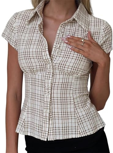 Women's Plaid Button Down Shirts Y2k Summer Basic Ruffle Blouse Lapel Collar Short Sleeve Slim Fit Tops (B-Coffee, S)