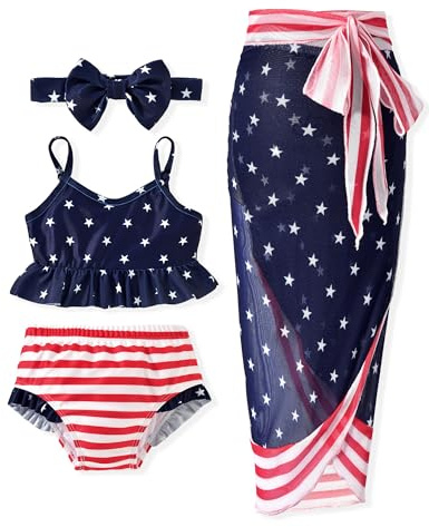 HINTINA 4T Girl 4th of July Swimsuit Toddler Little Girl American Flag Two Piece Ruffle Patriotic Bathing Suit Independence Day Bikini Set with Cover Up Skirt Summer Swimwear Beach Wear 4-5T Years