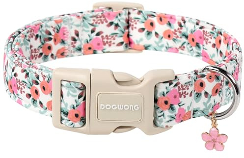 DOGWONG Flower Cotton Dog Collar, Cute Pink Dog Collar Durable Soft Fabric Pet Dog Collars Female Girl Necklace for Small Medium Large Dogs