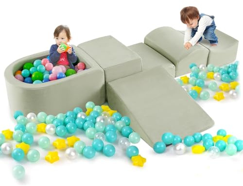 COSTWAY Juego de Escalada y Rampa de 5 Piezas, Bloque de Escalada con Piscina de Pelota Infantil, Funda Lavable a Máquina con Cremallera, Bloques de Construcción Creativos (Verde)