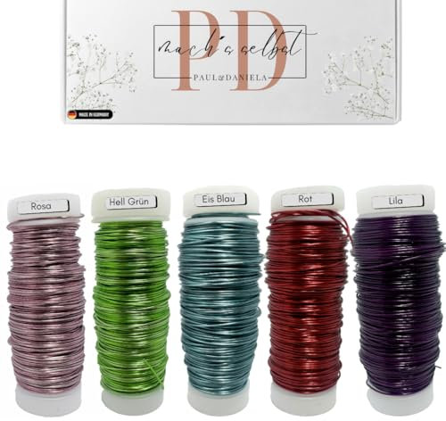 Kupferdraht-Set 5x30m, 5mm, Lila, Eisblau, Rosa, Rot, Hellgrün, Schmuckdraht, Lackdraht, Basteldraht bunt, Effektdraht, Myrtendraht, Schmuckdraht, Schmuck Faden