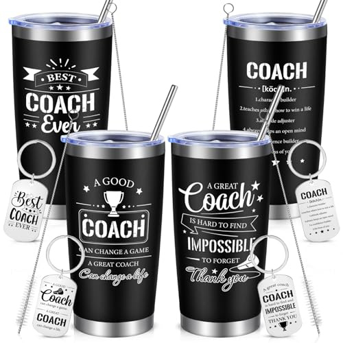 TLY 4 Sets Coach Gifts for Men,Best Coach Ever Insulated Tumblers and Keychain 20 oz Stainless Steel Tumbler Bottle with Lid Straw & Brush Baseball Basketball Football Soccer Coach Appreciation Gift