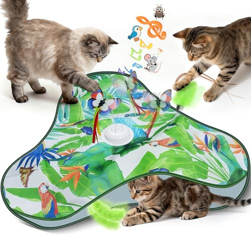 GOHHME Interactive Cat Toy for Indoor Cats, 15-Mode Automatic Cat Feather Toy with Chirping, Hide and Seek Cat Toy & Paw Relief Kitten Toys, USB Rechargeable