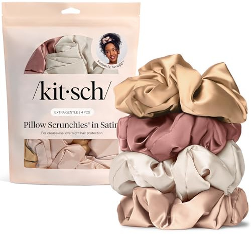 Kitsch Pillow Satin Scrunchies for Women 4pcs - Neutral Multicolor | Hair Ties No Damage, No Crease Hair Accessories, Perfect for Day or Night, Ideal Gift for Women