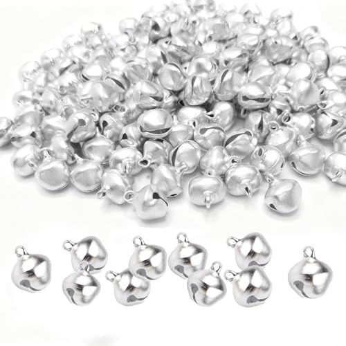 150 Unidades Campanillas Navideñas 12mm para Manualidades,Cascabeles Pequeños con Asa,Ideales para DIY,Decoración de Árbol,Regalos y Mascotas (Plata,Plano)